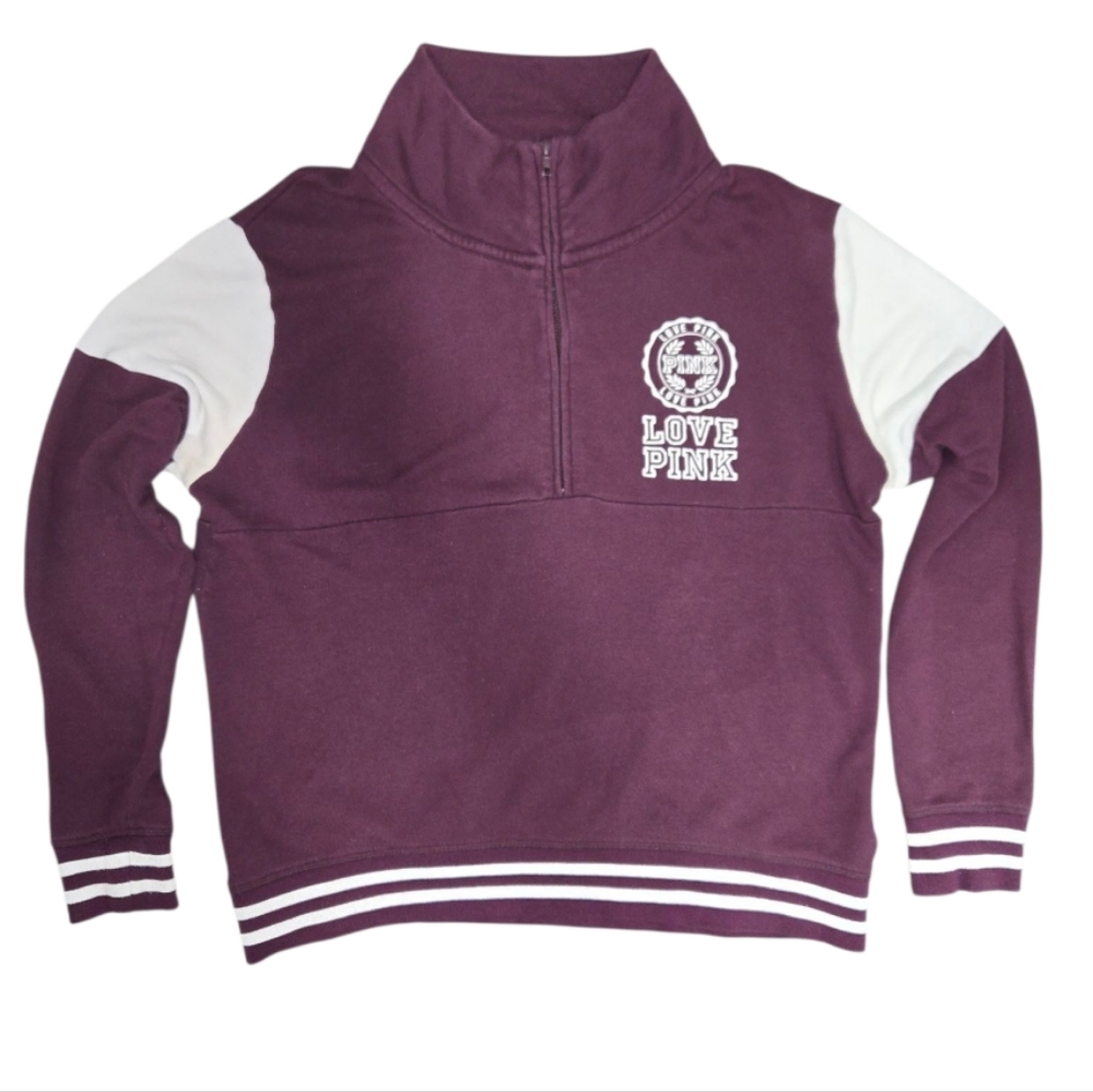 PINK VS Graphic Sweatshirt Quarter Half-Zip Pullover Black Orchid Medium